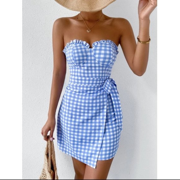 Plaid Gingham Print Frill Trim Knot Side Tube Dress blue - Picture 8 of 9